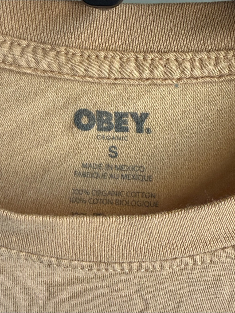 Obey Tan Short-Sleeve Tee with Blue & Pink Portrait and Black/Red Bar - Picture 3 of 4
